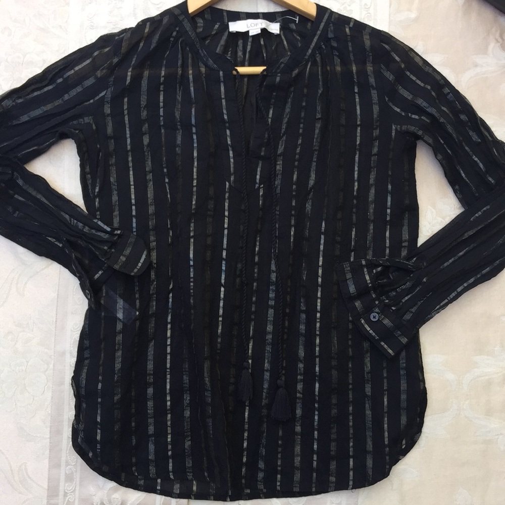 LOFT Black Organdy Long-Sleeve Blouse.1869